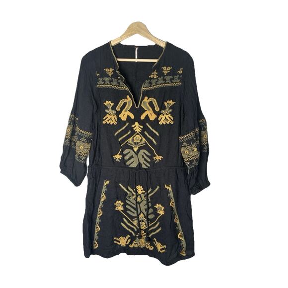 $168 Free People Anouk Black Combo Gold Olive Embroidered Mini Dress‎ S Bohemian - Picture 3 of 10